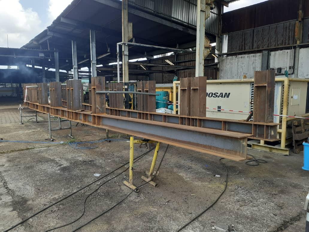 Structural steel assembly in the workshop